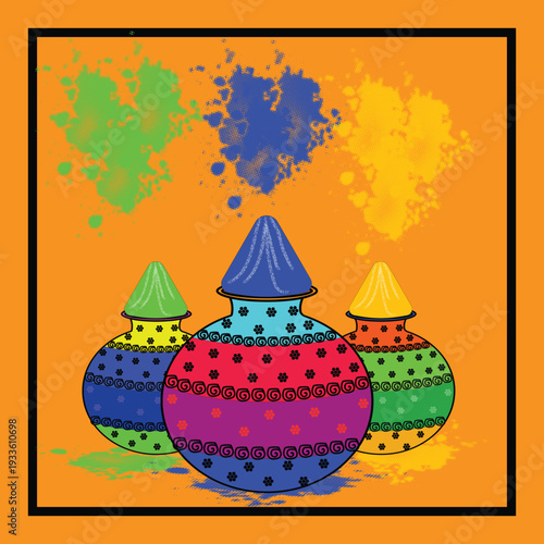 Three vibrant traditional Indian pots filled with colorful powders, with splashes of green, blue, and yellow gulal above them, celebrating the festive spirit of Holi.