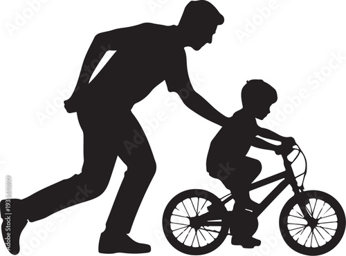 Silhouette of man helping child ride bicycle bike