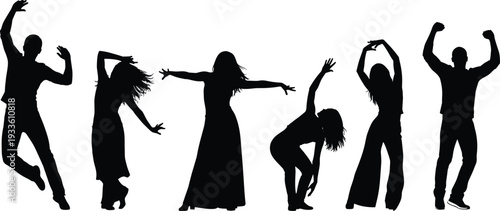 Silhouettes of six dancers in dynamic poses, showcasing diverse dance styles, artistic expression, individuality, movement, rhythm, and creativity in vector illustration for performance and culture.