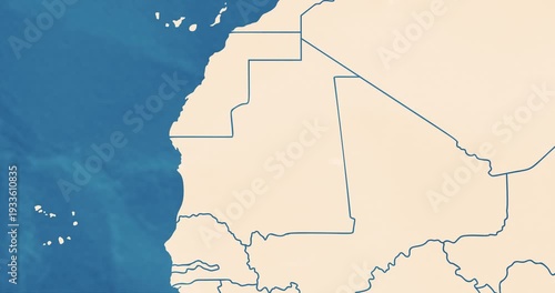 Beautiful zoom in of a mauritania map with most important cities and frontier lines