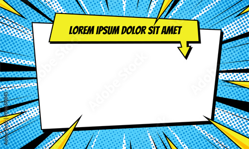 Bild auf Leinwand Retro Comic Book Banner Template with Blank Speech Bubble and Blue Halftone Rays