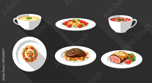 Assorted dishes including soup salad and meat served on various plates and bowls from an overhead perspective.