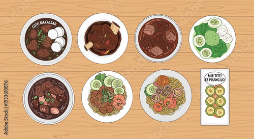 Assorted international dishes displayed on a wooden table viewed from above