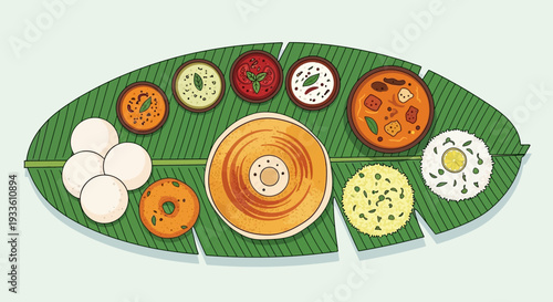 Traditional South Indian breakfast dishes served on a banana leaf with various delicacies and steaming hot idlis presented beautifully