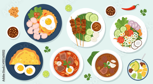 Assorted international dishes beautifully arranged on plates and bowls showcasing diverse culinary delights from various cultures globally presented overhead