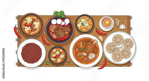 Assorted traditional dishes arranged on a wooden table with various foods and spices beautifully displayed from an overhead viewpoint.