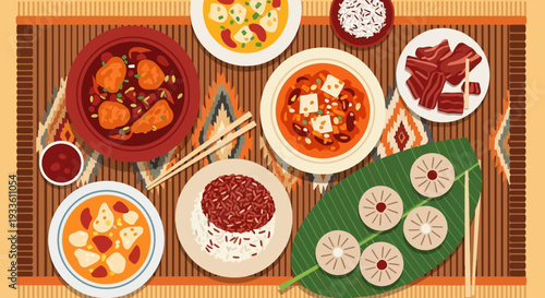 Assorted traditional dishes arranged on a wooden table with chopsticks nearby, offering a variety of cuisine from above.