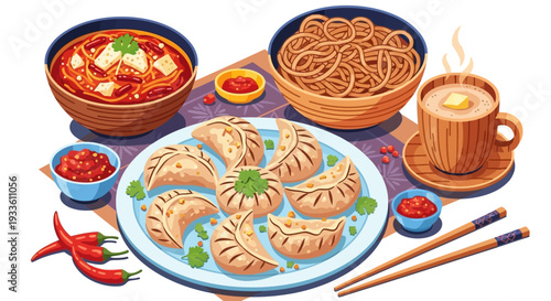 Traditional Asian meal with dumplings, noodles, and soup, high angle view on a table setting with chopsticks, various condiments.