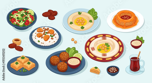 Assorted international dishes displayed on multiple plates and bowls with beverages and garnishes beautifully arranged on a light blue table from a top-down view.