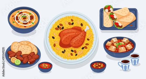 Assorted international dishes and beverages arranged on multiple plates viewed directly from above.