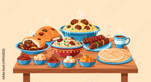 Assorted international cuisine delicacies beautifully arranged on wooden dining table viewed from slightly above
