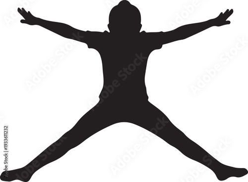 Silhouette of a person in a jumping jack pose, arms and legs spread wide, capturing the dynamism and energy of a common exercise or activity in a minimalist artistic representation