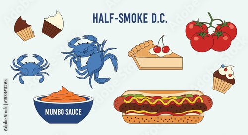 Assorted food items including hotdog and desserts on white background viewed from above