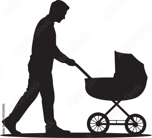 Silhouette of man pushing baby stroller black white background