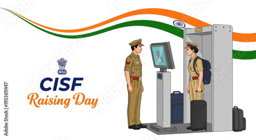 Illustration of CISF security personnel screening luggage at an airport on CISF Raising Day with a patriotic theme and Indian flag colors
