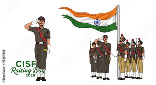 Illustration of Indian CISF soldiers saluting and standing at attention with the Indian flag on CISF Raising Day, with a patriotic and ceremonial mood.