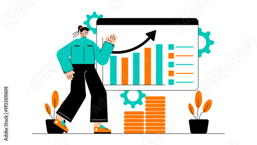 Woman observing a large digital dashboard showing positive business growth and gears