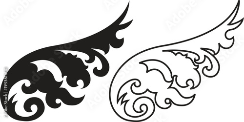 Stylized black and outline decorative wings with intricate swirling patterns and organic motifs.