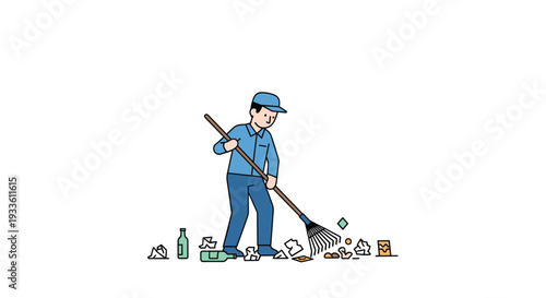 A cartoon male street sweeper in a blue uniform diligently rakes scattered trash on a clean white background.