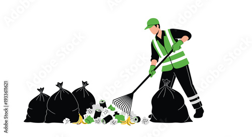 A realistic male sanitation worker in a green high-visibility vest rakes scattered trash into black garbage bags on a clean white background.