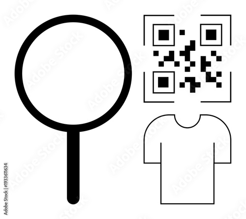 Digital scanning, product identification, ecommerce, QR code utility, branding, retail technology. A magnifying glass, QR code and t-shirt outline. Digital scanning and product identification