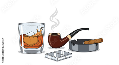 A clear glass of amber whiskey with ice, a brown smoking pipe, a silver ashtray with a lit cigar, and a metallic lighter are arranged.