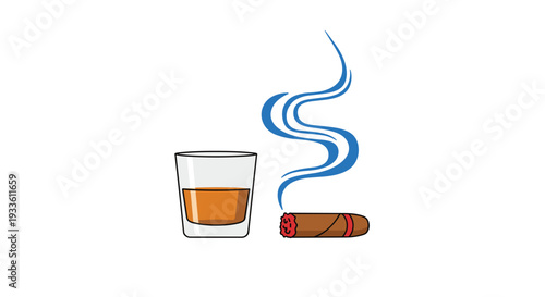 A half-filled glass of amber whiskey sits beside a lit cigar emitting a distinct blue plume of smoke on a pristine white background.