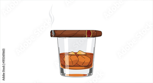 A clear glass of amber whiskey with two ice cubes is topped by a lit cigar emitting a faint wisp of grey smoke on a white background.