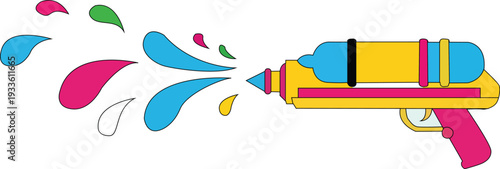 Colorful water gun shooting vibrant paint splashes, symbolizing festive holi celebration with playful action