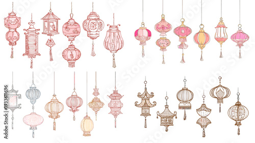 Set of hand drawn hanging paper lanterns in pastel red pink and gold, traditional Asian festival decorations isolated on white background.