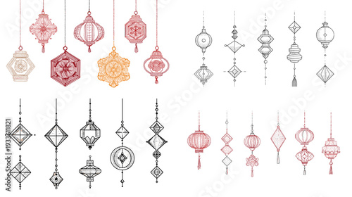 Modern set of geometric hanging lantern ornaments in pastel red gray and orange, minimalist festive decor elements isolated on white background.