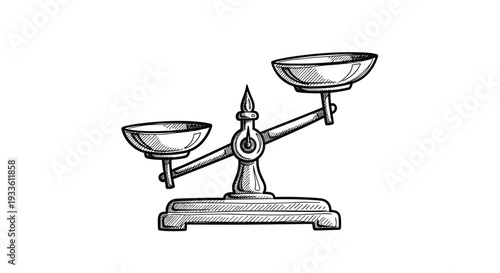 A hand-drawn sketch illustrates an antique balance scale with the right pan higher than the left, showing uneven weight distribution.