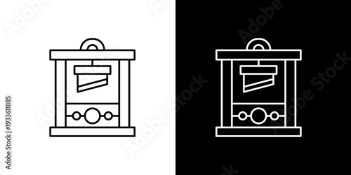 Iconic illustration of a guillotine in monochrome style on white and black backgrounds, symbolizing justice and historical execution