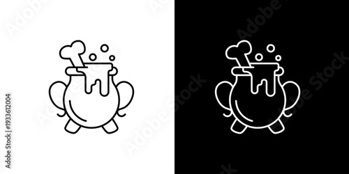Minimalist Cauldron with Bone and Bubbling Potion Line Art Vector Icon, Ideal for Spooky Halloween and Enchantment Designs