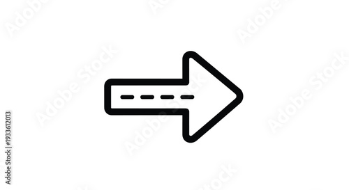 A single, bold black outline arrow with a dashed inner line points horizontally to the right on a pristine white background.