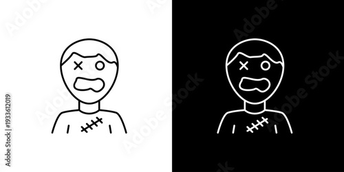 Distressed cartoon zombie character icon with stitched features and crossed eyes on contrasting backgrounds, ideal for spooky graphic designs, horror game elements, or Halloween event decorations