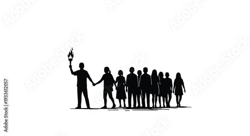A group of ten human silhouettes walks in a single file line, led by a figure holding an upright torch with a flickering flame.