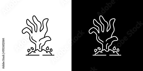 Minimalist outline icon depicting a creepy undead hand rising from the ground, perfect for horror, Halloween, and spooky graphic design projects