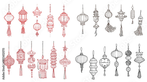 Collection of hand drawn hanging paper lanterns in red and gray, traditional Asian festival decoration elements isolated on white background.