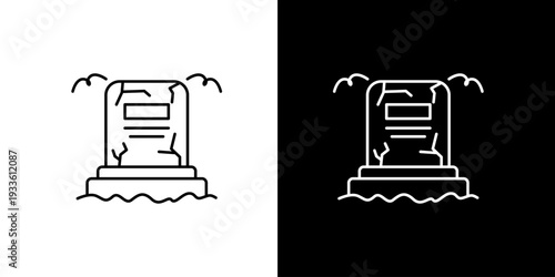 Cracked Gravestone Line Art Icon with Dual Backgrounds, Symbolizing Death, Remembrance, and Halloween Themes in a Minimalist Design