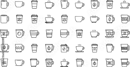 Line Art Coffee Cup and Tea Mug Icons Set - Vector Outline Collection of Hot Beverage Drinkware