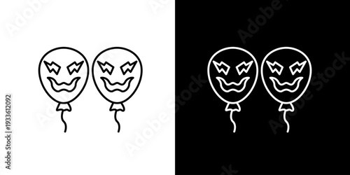 Single icon of two spooky Halloween balloons with carved pumpkin faces, displayed on white and black backgrounds
