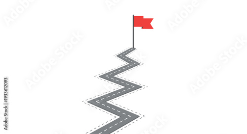 A single, winding, zig-zag road with dashed white lines ascends vertically towards a red flag planted on a pole.