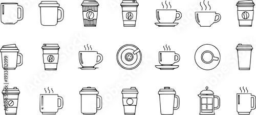 Coffee Cup Icons Set, Outline Vector Illustration of Hot Drinks Mugs, Takeaway Cups  French Press