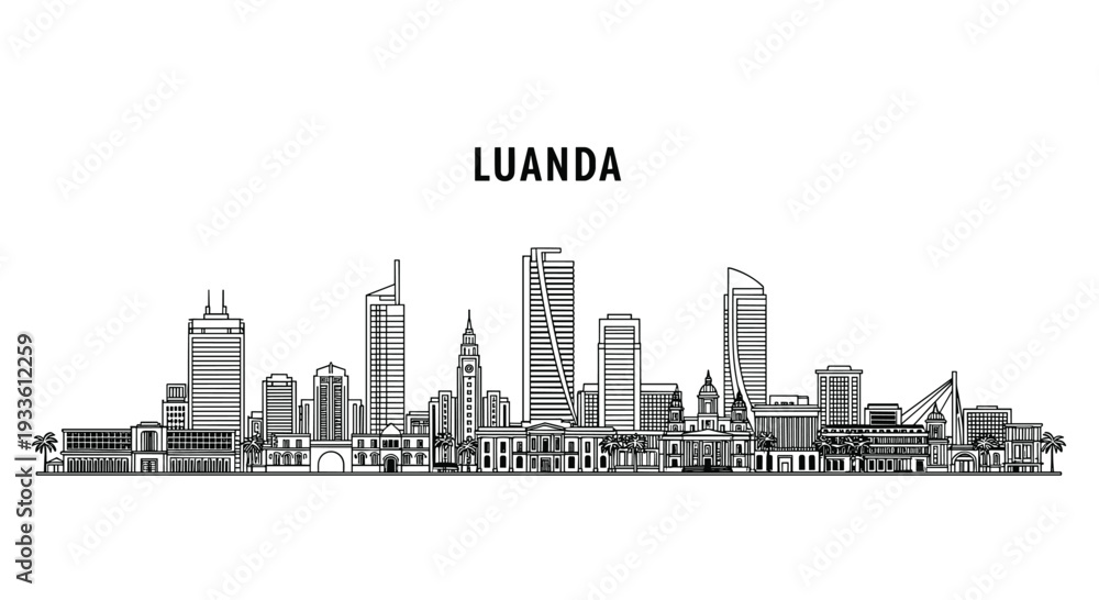 Obraz premium A detailed black outline drawing shows Luanda city skyline with many high-rise buildings and palm trees on a white backdrop.