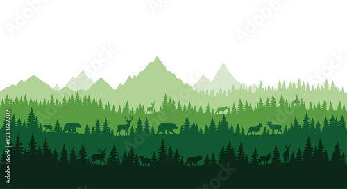 A layered panoramic illustration presents a dense green forest with various wild animal silhouettes, including deer, bears, and wolves, against a white gradient background.