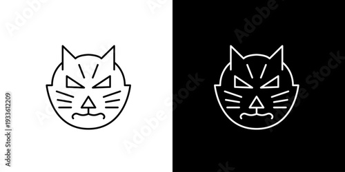 Minimalist angry cat face line art icon. Stylized feline head symbol with a fierce expression, perfect for modern digital design and animal-themed branding