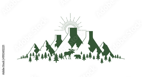 A minimalist line-art illustration displays dark green mountains, pine trees, and animal silhouettes, including a moose and bear, beneath a stylized sun on a white background.