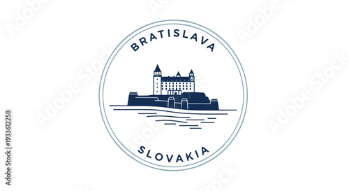 A minimalist line-art illustration displays a blue outline of Bratislava Castle on a hill with water, framed by a double-lined circle with BRATISLAVA and SLOVAKIA text.