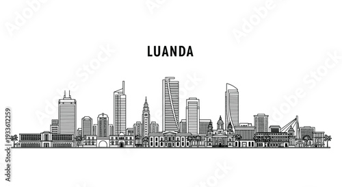 A detailed black outline drawing shows Luanda city skyline with many high-rise buildings and palm trees on a white backdrop.